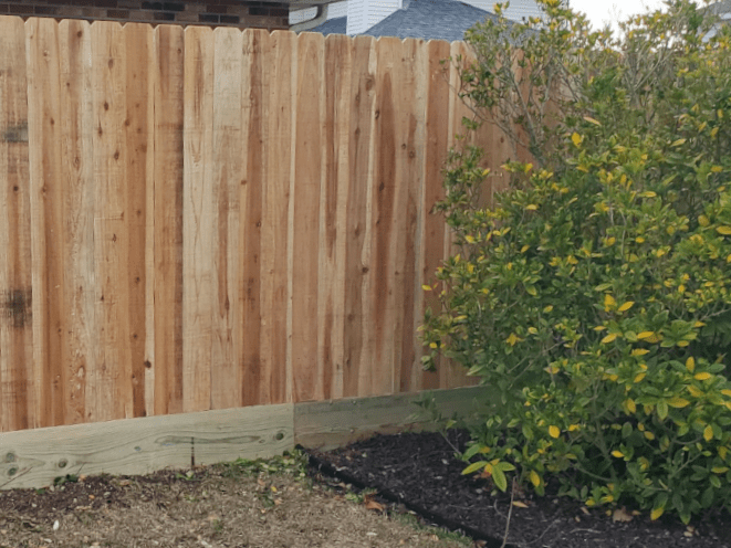 Six-Foot-High Cedar Fence with a 12" Pressure Treated Pne Mud Board.