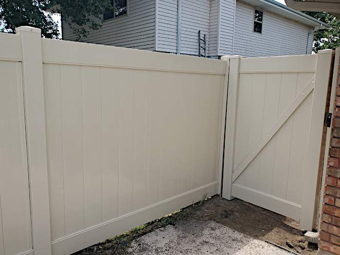Six-Foot High, Two-Rail Privacy Vinyl Fence & Gate in Lakeland Style from Country Estate in Kenner
